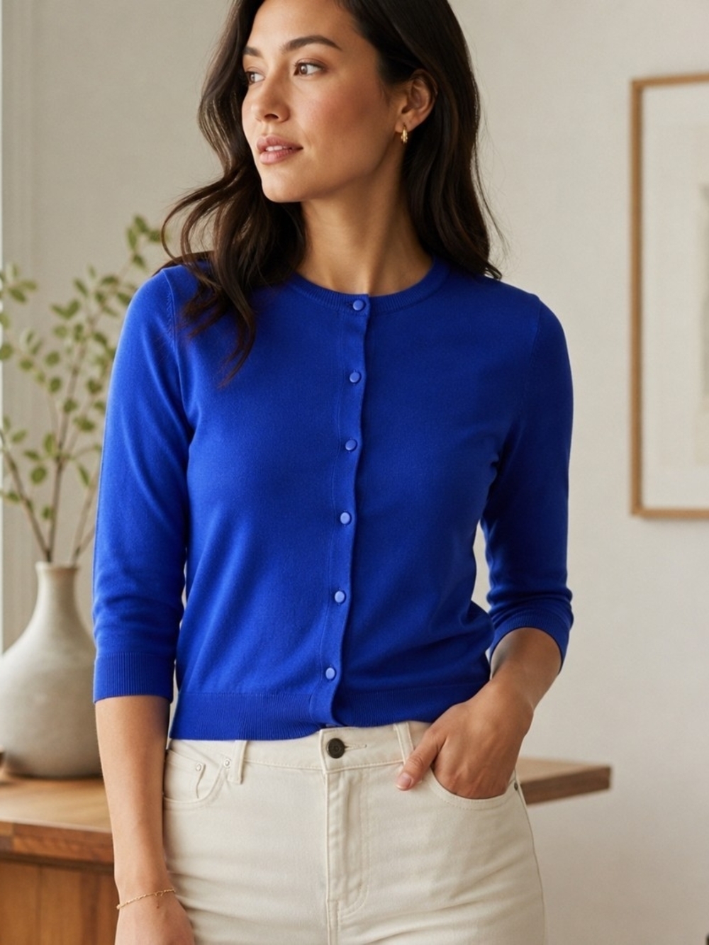 Tibi Silk Blend Cardigan Sweater Blue Button Front 3/4 Sleeve Women's S